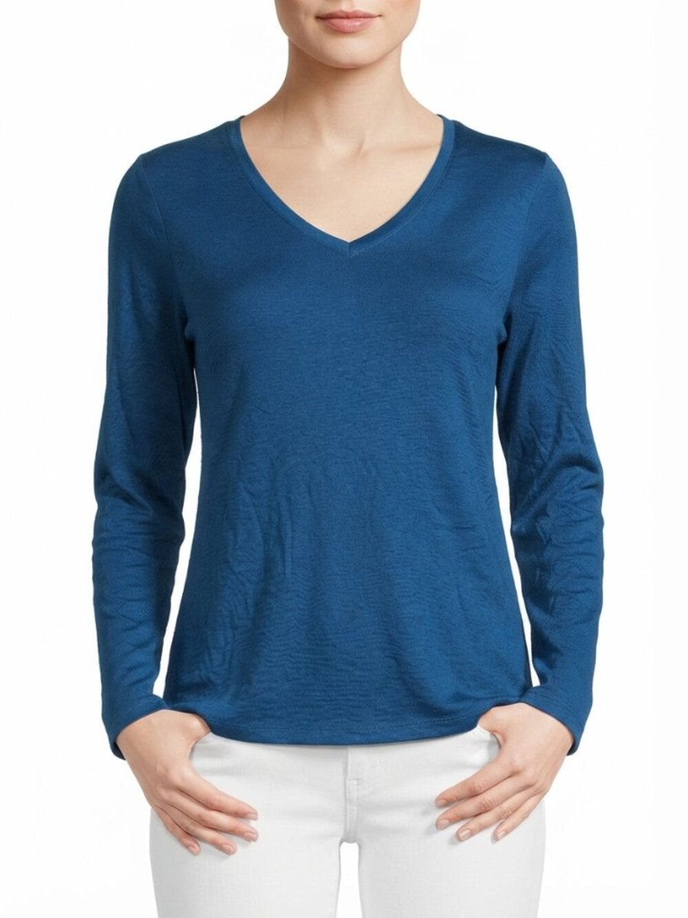 2/$30 NWT Lands' End Supima Long Sleeve V-Neck Tee Baltic Teal Medium #A4784